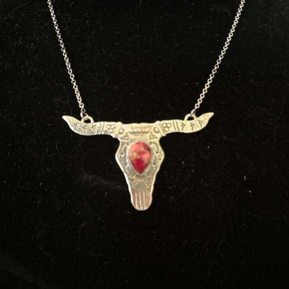 Jewelry - Solid Sterling Silver 925 Bull Skull Pendant Necklace with Red Dahlia Stone